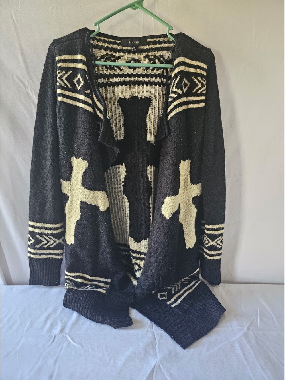 Forever 21 Black and White Acrylic Knit Cardigan with Cross Design Size S/M